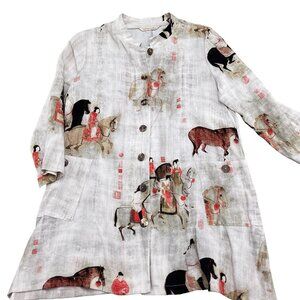 Soft Surroundings‎ Tunic Blouse Song Dynasty Women Small Beige  Oriental Horses